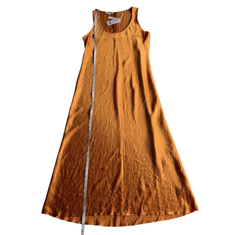 Vince NWT Satin Crinkle Sleeveless Tank Scoopneck Deep Orange Midi Slip Dress M - Picture 7 of 9